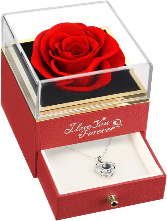 Valentines Day Gifts for Her Preserved Real Red Rose with I Love You Necklace, Forever Flowers Rose Gifts for Mom Wife Girlfriend Mothers Day Christmas Anniversary or Birthday Gifts for Women